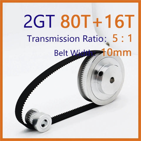 Cool 2GT Timing Pulley Kit With 16 To 80 Tooth Gears For Solid Five One Gear Ratio Drive Systems Plus 10mm Belt Width And Standard 2mm Pitch For Super Smooth Performance. 2GT 80T and 16T metal pulleys with black timing belt