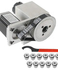 Heavy Duty Fourth Axis Rotary Cnc Kit Paired With 57 Stepper Motor And 11 Er32 Collets showing motor, collets, and tool for precision milling.