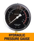 Hydraulic pressure gauge displaying metric and US ton measurements on a 10 Ton Hydraulic H Frame Shop Press Workhorse