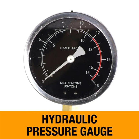 Hydraulic pressure gauge displaying metric and US ton measurements on a 10 Ton Hydraulic H Frame Shop Press Workhorse