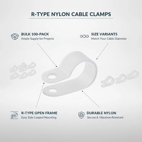R Type Nylon Wire Holders Open Frame Side Load Clips for Easy Wire Routing and Secure Mounting on Workbenches and Equipment 100 Pack