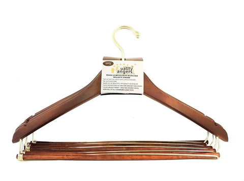 Premium Wooden Hangers Set Of Five Curved Shoulder Hangers With Gold Hooks And Locking Bar Heavy Duty Coat Hanger For Suits And Travel No Slip Pants Bar
