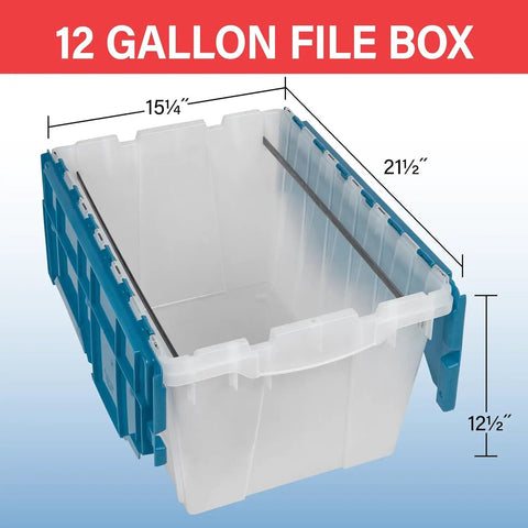 KeepBox 12 Gallon Storage Container With Attached Lid, Nesting And Stackable Plastic Bin With Rails For Letter Size Hanging Folders, Clear Blue, Durable Tote For Home Garage And Office Organization, 21x15x12