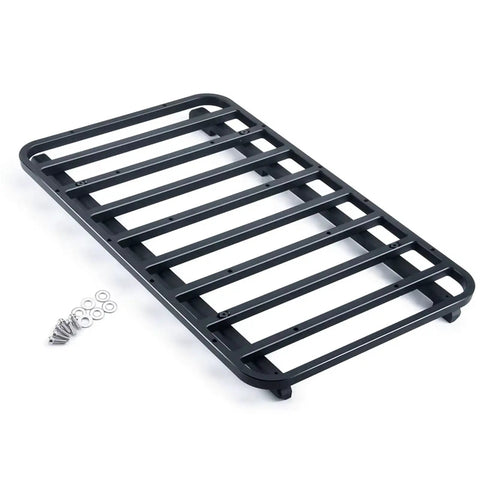 Heavy Duty Aluminum Roof And Luggage Rack Compatible With 1/10 Scale Rc Crawler Trx4 Bronco DIY Trail Mod Upgrade showing black aluminum rack with mounting hardware.