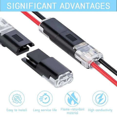 50 Pack Double Wire Plug In Connectors With Locking Buckle For LED Strip Lights Quick Clip Fasteners shown with wires
