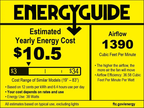 EnergyGuide label showing estimated yearly energy cost of $10.5, airflow of 1390 CFM, and energy use of 38 watts.