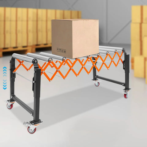 Heavy Duty Expandable Conveyor Roller Table With Adjustable Telescopic Flexible Design For Warehouse Shipping Docks with a box on top.