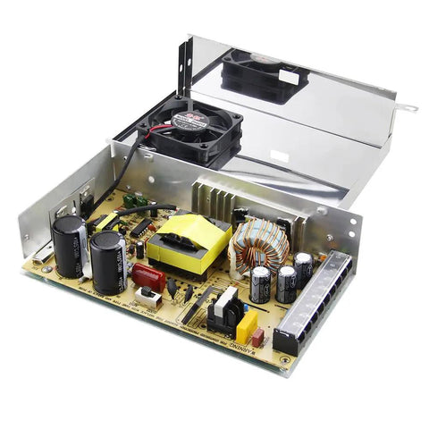 Interior view of Beefy 12V Power Supply 25A 300W Universal Switching Adapter with electrical components and fan