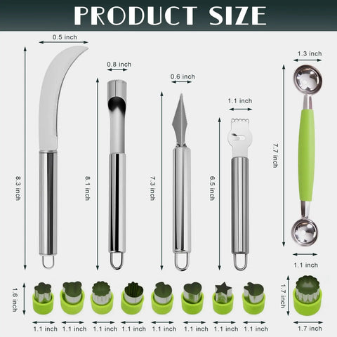14-Piece Fruit Carving Tools Set In Stainless Steel With Melon Baller, V-Cut, Spiral Cutter, Zester, Wave Knife And Seed Remover