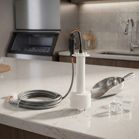 Ice Machine Water Level Sensor Probe Kit With Harness For Commercial Ice Makers on kitchen counter with ice cubes and scoop