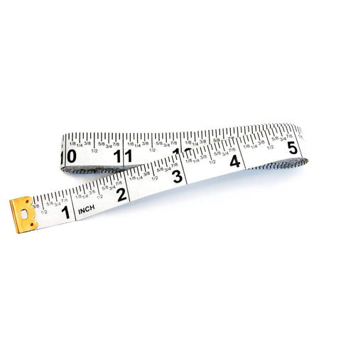 All Purpose 60 Inch Double Sided Tape Measure With Fractional Inches And Millimeter And Centimeter Readings Handy Easy Read For DIY Projects And Home Improvement, rolled out on white background.