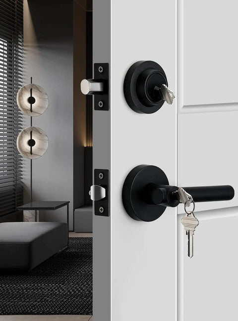 Keyed Alike Matte Black Front Entry Door Handle With Deadbolt Set for exterior doors installed on white interior door.