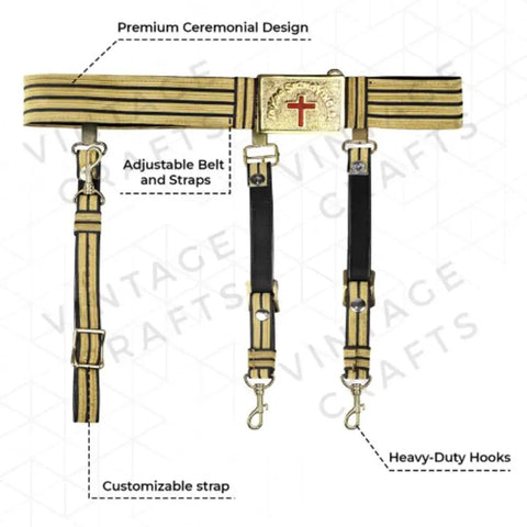 Templar Sir Knight Ceremonial Sword Belt And Buckle In Black And Gold With Lace Adjustable featuring gold buckle detail