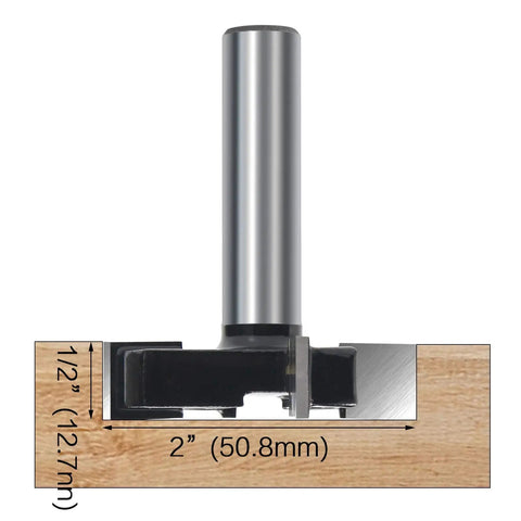 Front view of Four Wing CNC Spoilboard Surfacing Router Bit With Half Inch Shank, Two Inch Cut Diameter, Anti Kickback Design
