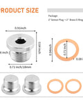 M18x1.5 Exhaust Sensor Bung Plug With Inner Hex Head And Brass O Ring showing dimensions of stainless steel sealing kit with orange O-ring.