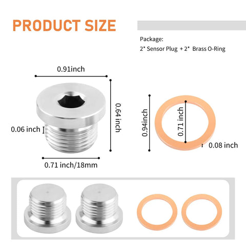 M18x1.5 Exhaust Sensor Bung Plug With Inner Hex Head And Brass O Ring showing dimensions of stainless steel sealing kit with orange O-ring.