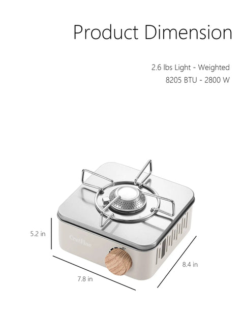 Kickin Mini Butane Camping Stove With 8205 BTU Output, Portable Indoor Outdoor Cooking, dimensions and size details