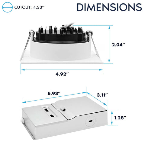 Image showing dimensions of Real Deal 4 Inch Canless Recessed LED Lights Featuring Quick Dial 5 Cct Color and Heavy Duty Brackets.