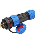 Beefed Up Waterproof IP68 Panel Mount Back Nut Connectors Set showing cylindrical 4-pole socket with blue caps and black body.