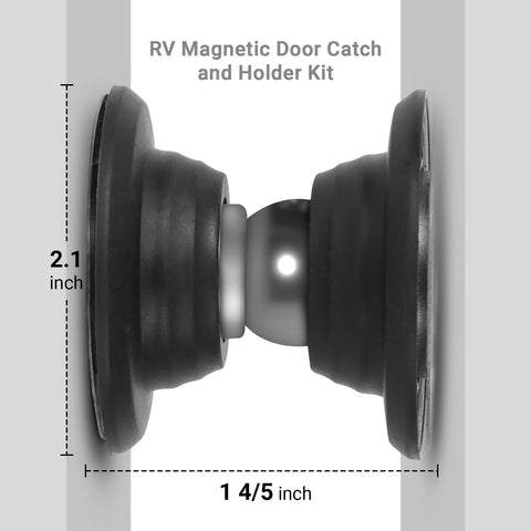 Magnetic RV Door Catch and Holder Kit for Raised Baggage Doors, Black Finish, side view with measurements, 2.1x1.8 inches