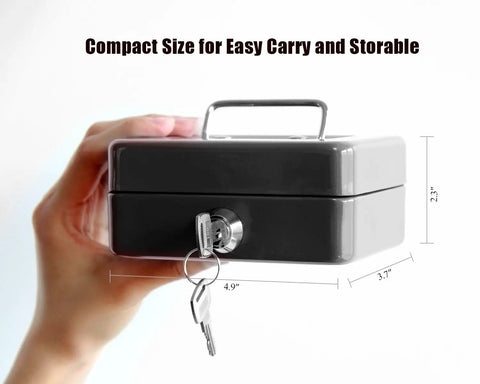 Hand holding a Compact Locking Cash Box For Coins And Meds With A Secure Keyed Lock, Tiny Yet Sturdy Steel Money Box, 4.9 x 3.7 x 2.3 Inches, Black.