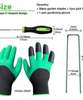 Heavy Duty Green Landscape Staples 50 Pack 6 Inch Garden Stakes For Turf And Ground Fabric 11 Gauge Galvanized Lawn Pins Ideal For Weed Barrier Sod Fences Irrigation Tubing And Outdoor DIY Projects shown with gloves and pick hook.