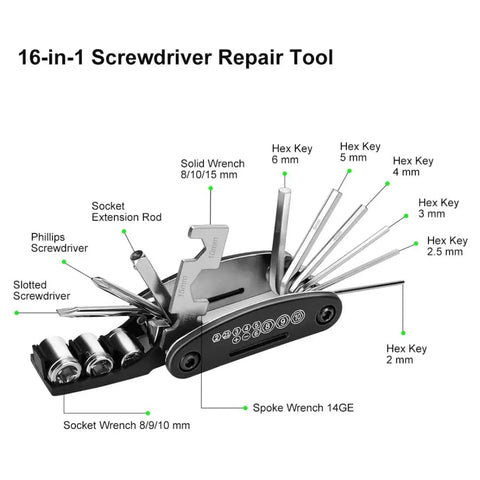 16-in-1 multitool from 27 Piece Bike Repair Kit With 16-In-1 Multitool And Tire Levers For E-Bikes, showing various wrenches and screwdrivers