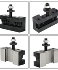 Pro Grade Wedge Type Quick Change Lathe Tool Holder Set featuring hardened steel, showing different angles and details of tool holder.