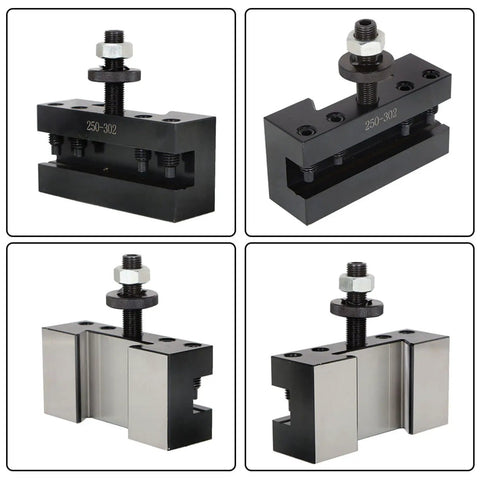Pro Grade Wedge Type Quick Change Lathe Tool Holder Set featuring hardened steel, showing different angles and details of tool holder.