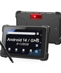 Badass Eight Inch Android 14 Rugged Tablet Packed With Zebra 4710 Barcode And QR Scanner, black with stylus, front and back view.