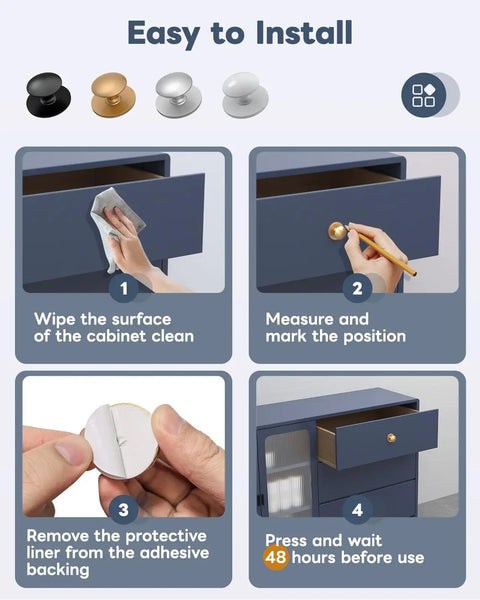 4-step installation guide for 5 Pack Self Adhesive Cabinet Knobs No Drill Stick On Stainless Steel Handles Antique Gold