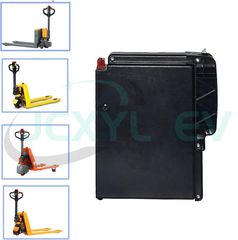 Top Tier 24 Volt 20 Ah Lithium Pallet Truck Battery With Solid Safety Bms Power For Electric Forklift Stackers and Heavy Duty Warehouse Moving Jobs, black battery with pallet trucks.