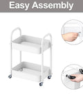 Durable 2 Tier Metal Rolling Cart With Handle And Locking Wheels White Go-To Kitchen Bathroom Laundry Office Storage Organizer On Wheels Great For Small Spaces And Heavy Loads front view.