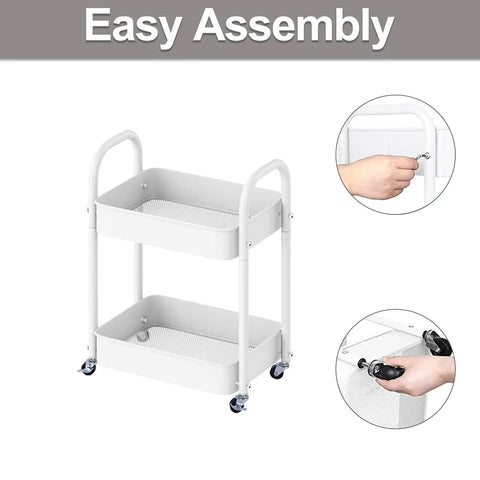 Durable 2 Tier Metal Rolling Cart With Handle And Locking Wheels White Go-To Kitchen Bathroom Laundry Office Storage Organizer On Wheels Great For Small Spaces And Heavy Loads front view.