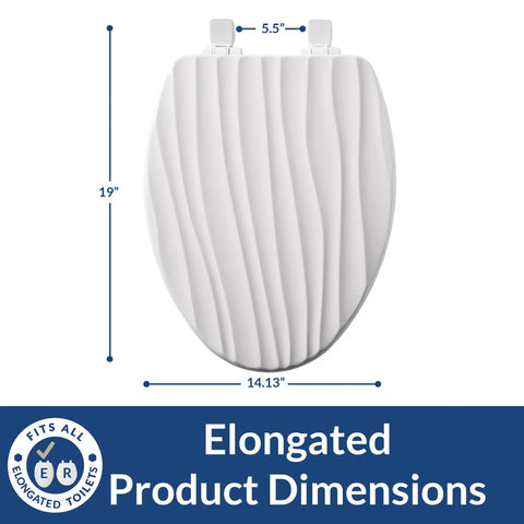 Rainfall Style Slow Close Toilet Seat With Easy Clean Hinges And Durable Wood Seat Elongated White For A Modern Bathroom Upgrade Made In USA No Tools Required For Simple Home Upgrade showing dimensions
