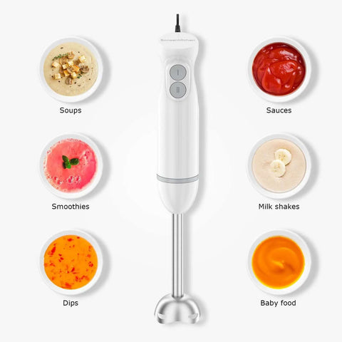 Kickass Two Speed Handheld Immersion Blender With Stainless Steel Blades Adjustable Mixing Speeds For Crushing Smooth Soups And Creamy Baby Food Purees Quick Kitchen Tasks with soups, smoothies, sauces, and dips