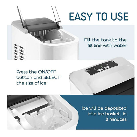 No Sweat Countertop Bullet Ice Cube Maker With 1.1 Liter Tank drops fresh ice in just 8 minutes, showing easy operation instructions and features.