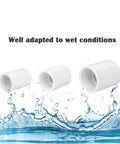 12 Pack 1/2 Inch White PVC Pipe Slip Socket Coupling Adapters For Sprinkler Systems And Drip Irrigation displayed with water splash