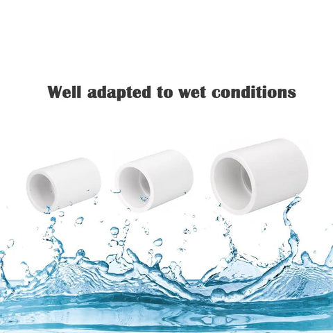 12 Pack 1/2 Inch White PVC Pipe Slip Socket Coupling Adapters For Sprinkler Systems And Drip Irrigation displayed with water splash