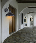 Gooseneck Barn Light Outdoor Wall Sconce Rustic Industrial Exterior Lighting Black Lantern with Gold Interior on porch
