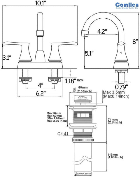 Technical diagram of 4 Inch Centerset RV Bathroom Faucet In Brushed Nickel with measurements and installation details.
