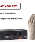 BBQ Glove Set With Four Cotton Liners And One Hundred Black Nitrile Gloves For Grillin And Food Prep, packaging and cotton glove.