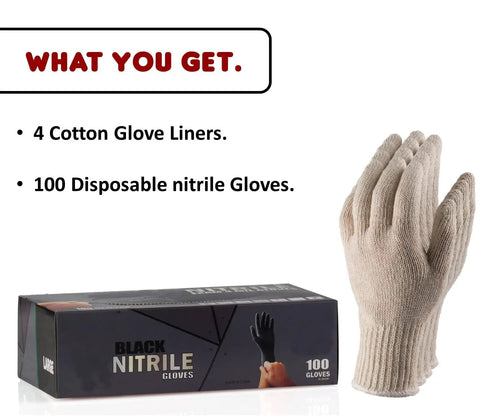 BBQ Glove Set With Four Cotton Liners And One Hundred Black Nitrile Gloves For Grillin And Food Prep, packaging and cotton glove.