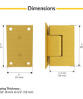 Heavy Duty Wall Mount Back Plate Shower Door Hinge In Satin Brass Finish For Frameless Glass Doors, 3.5 inches dimensions shown