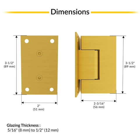 Heavy Duty Wall Mount Back Plate Shower Door Hinge In Satin Brass Finish For Frameless Glass Doors, 3.5 inches dimensions shown