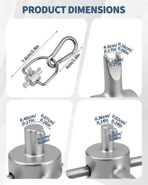 Must Have Two Pack HVAC Locking Cap Key Kit 3 In 1 Valve Core Remover Tool dimensions with measurements shown.