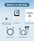 Contents of the box: 64GB MP3 Player With Bluetooth 5.3, 30 Hours Playtime, 2 Inch HD Screen, USB cable, earphones, manual, 64GB card