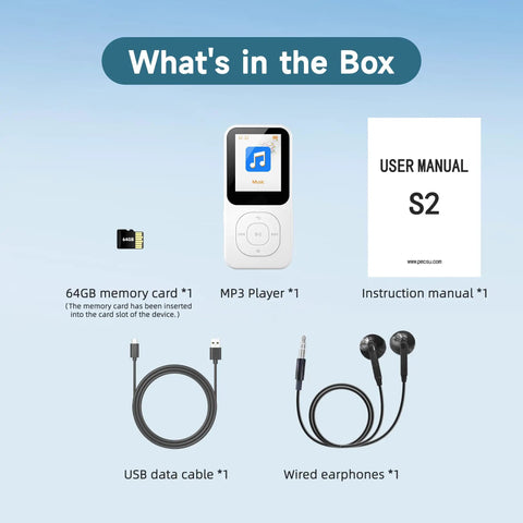 Contents of the box: 64GB MP3 Player With Bluetooth 5.3, 30 Hours Playtime, 2 Inch HD Screen, USB cable, earphones, manual, 64GB card