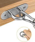 1.8 Inch Stainless Steel Pad Eye Plate U Hooks and Snap Hooks Marine Hardware Kit attached to wooden surface, includes close-up detail