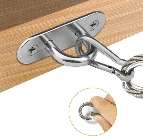 1.8 Inch Stainless Steel Pad Eye Plate U Hooks and Snap Hooks Marine Hardware Kit attached to wooden surface, includes close-up detail